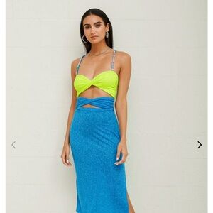 Pitusa Neon Lime and Bright Blue Cutout Asymmetrical Dress